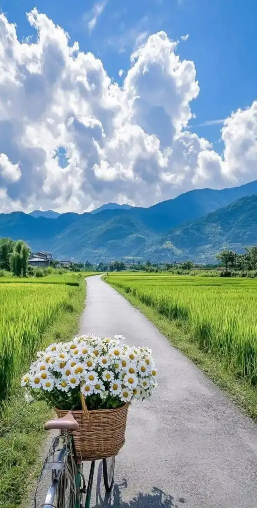 Bicycle with white daisies in basket on rural path, surrounded by green fields, mountains, and blue sky with clouds.