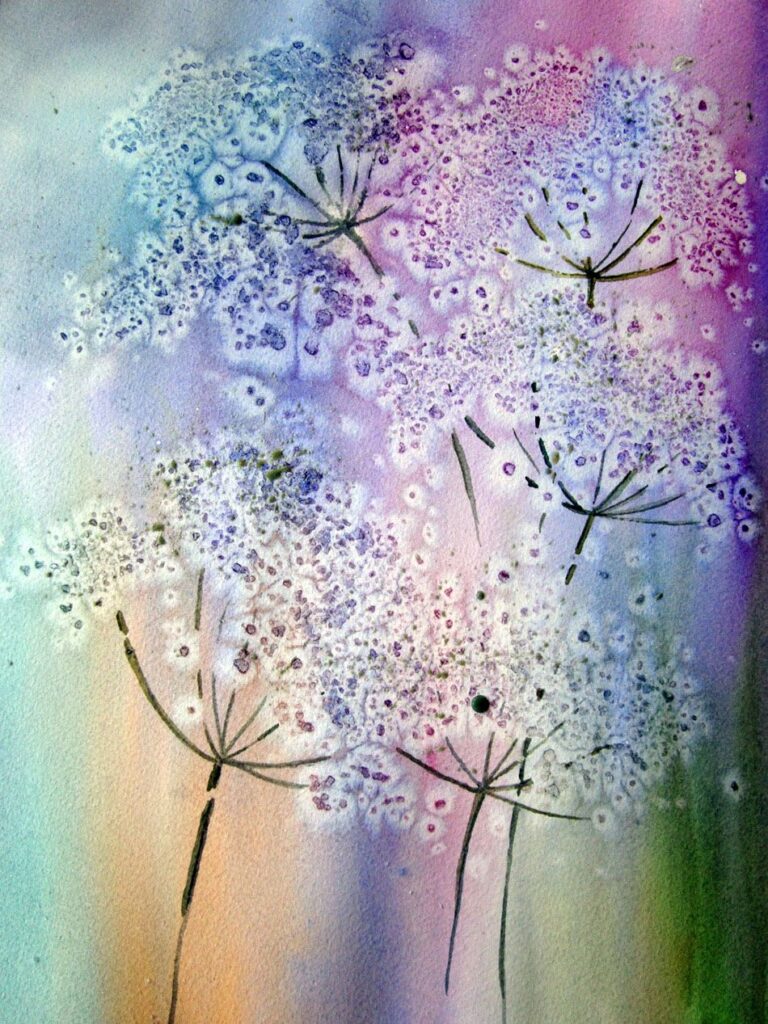 Abstract watercolor painting of delicate flowers with soft pastel hues of purple, blue, and pink.