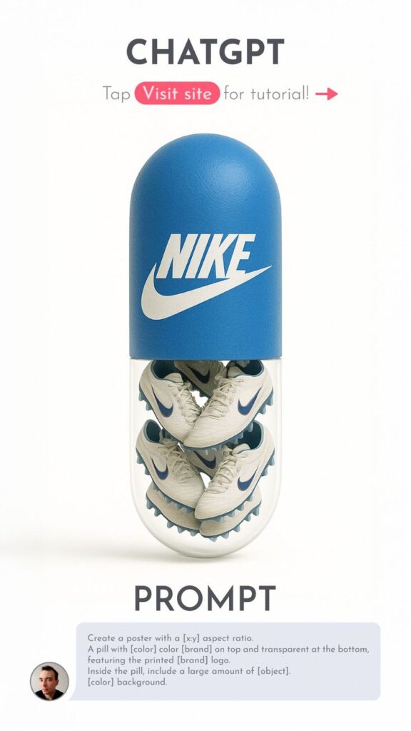 Creative Nike poster featuring shoes in a blue capsule design, promoting innovative sports gear.