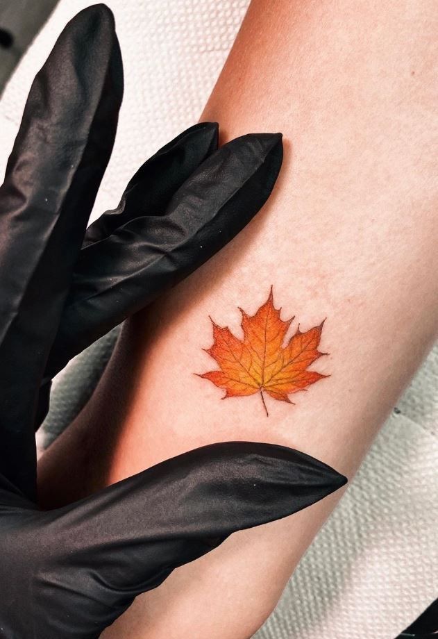 8c0a635a-f0d2-4c49-b219-ae3968044aa2 Black-gloved hands showcasing a small, vibrant maple leaf tattoo on skin. | Sky Rye Design Black-gloved hands showcasing a small, vibrant maple leaf tattoo on skin.