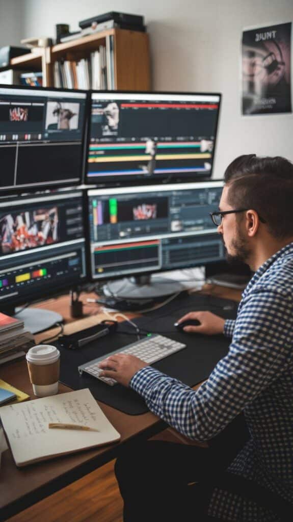 Man editing video on multiple screens in a modern workspace with coffee and notes nearby.
