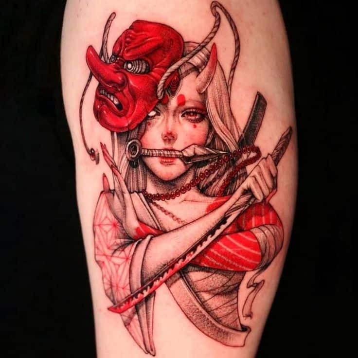 Japanese-inspired tattoo design with a woman and red demon mask, featuring intricate sword and bead details.