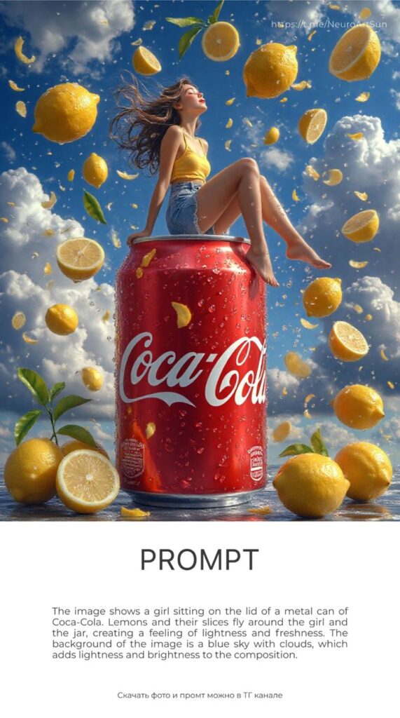 Woman sitting on a Coca-Cola can with flying lemons against a cloudy sky backdrop.