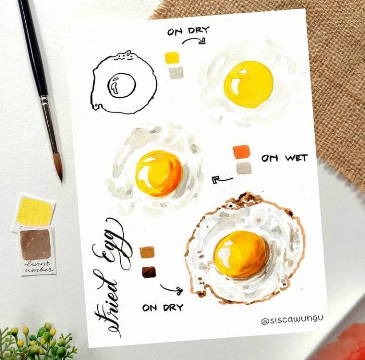 Watercolor painting tutorial on fried eggs showing different techniques and colors with paintbrush and samples nearby.