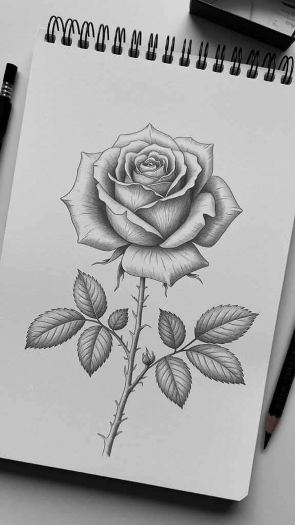 Pencil sketch of a detailed rose with leaves on spiral-bound paper, accompanied by a black pencil for shading.