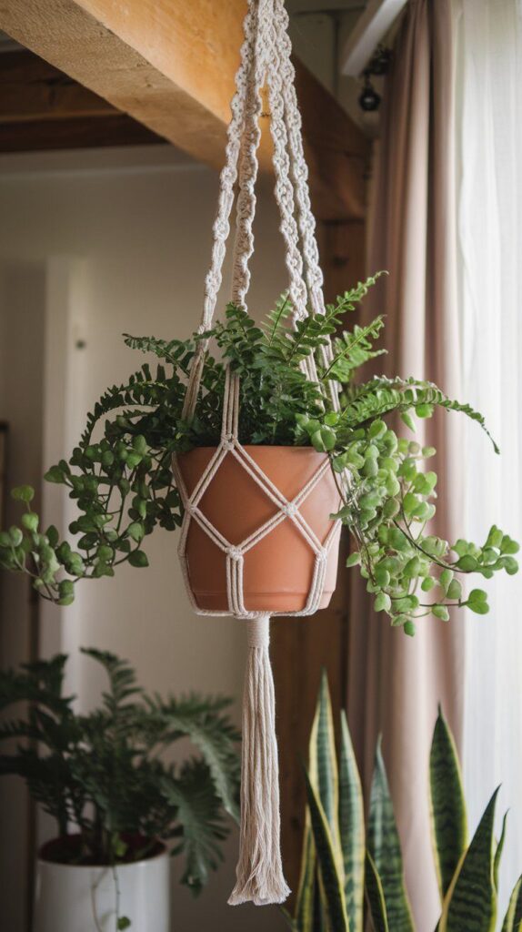 Macrame plant hanger with green potted plant, hanging in a sunlit room with curtains and wooden beam.
