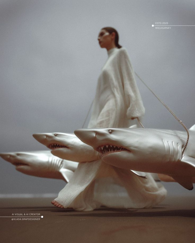 Person in white dress walking with inflatable shark balloons on a beach.