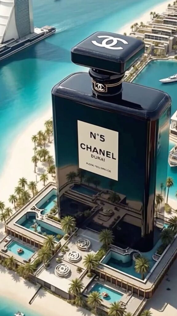 Chanel No. 5 perfume bottle on a luxury Dubai beach with resort and ocean views in the background.