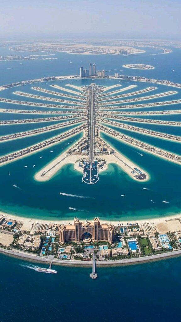 Aerial view of Dubai's iconic Palm Jumeirah island with luxury hotels and azure blue waters, featuring Atlantis resort.