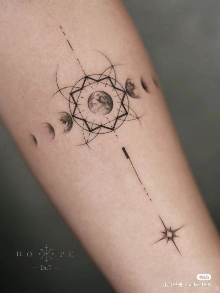 Geometric moon phase tattoo with stars and intricate lines on forearm.