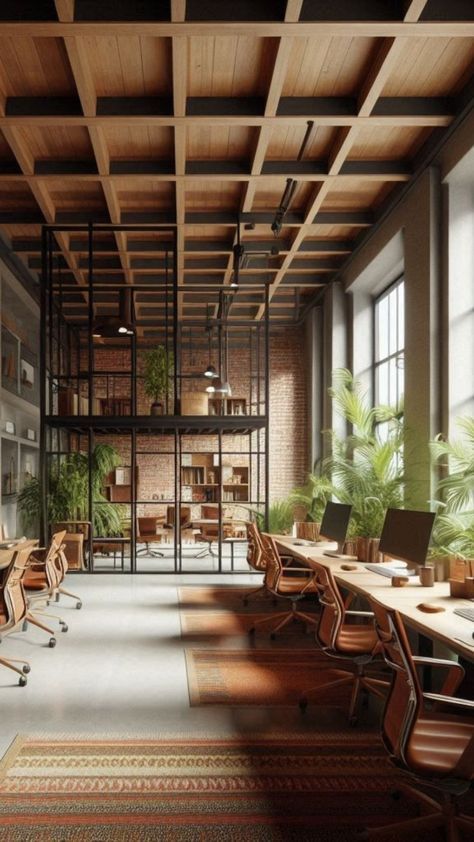 Modern office space with wooden ceiling, open desks, large windows, and plants, creating a warm and inviting atmosphere.