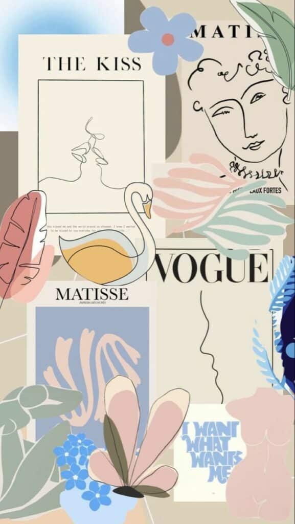 Collage of abstract line art, floral designs, and Matisse-inspired elements in vibrant colors.