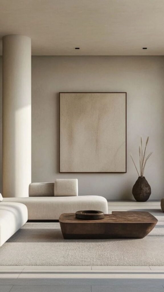 Minimalist living room with beige sofa, abstract wall art, wooden coffee table, and decorative vase on carpeted floor.