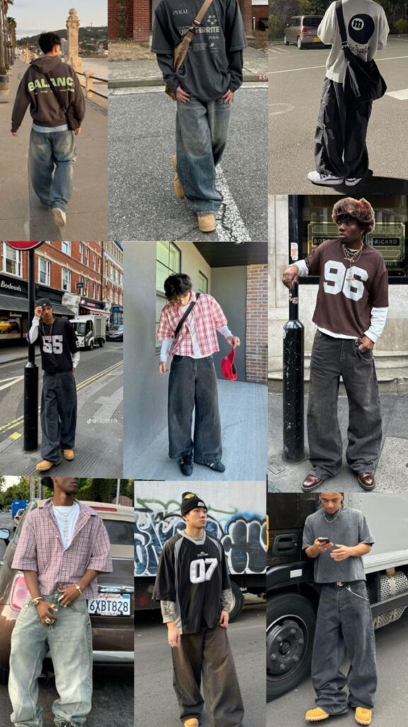 Street style fashion collage featuring baggy jeans, oversized shirts, and casual looks in urban settings.