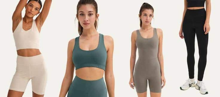 Women modeling various activewear outfits including shorts, sports bras, and leggings in neutral and muted tones.
