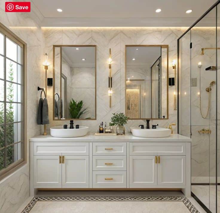 Luxurious modern bathroom interior with double vanity, marble walls, and gold accents.