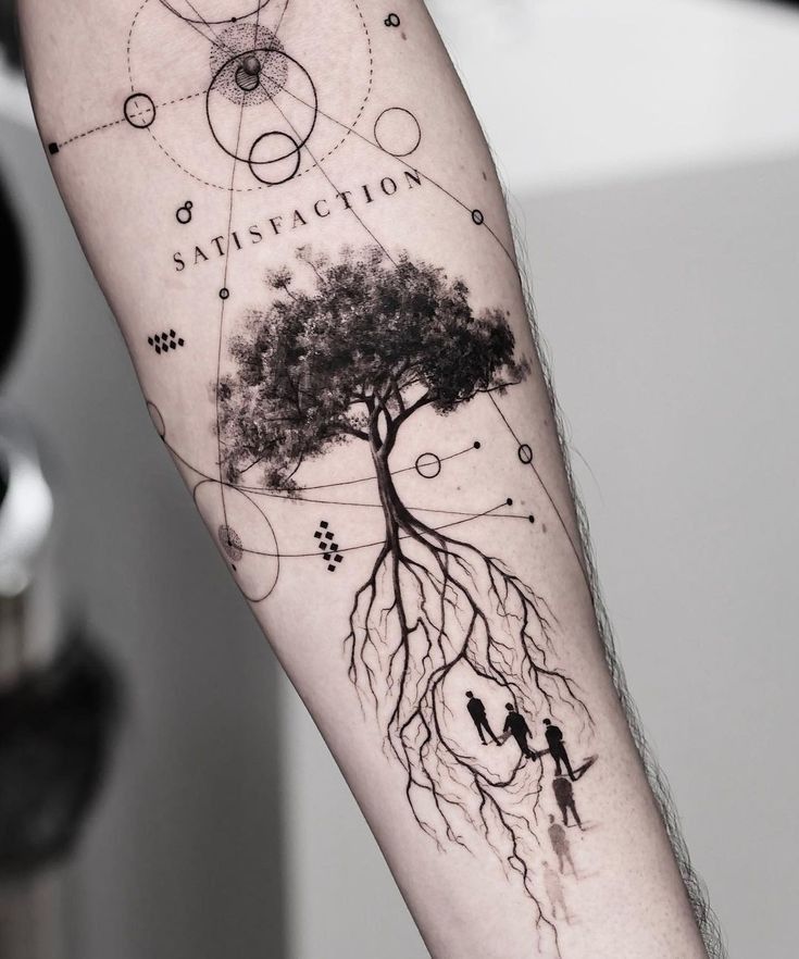 Tattoo on arm showing tree with roots and human figures, geometric design, word Satisfaction.