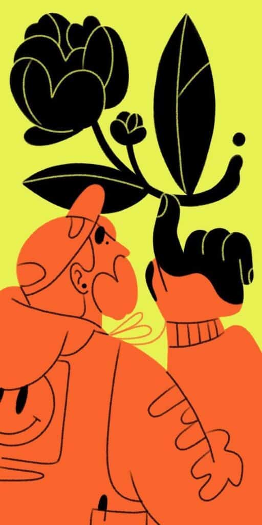 Illustrated person in orange outfit admires a large black flower on a bright yellow background. Vibrant and bold art.