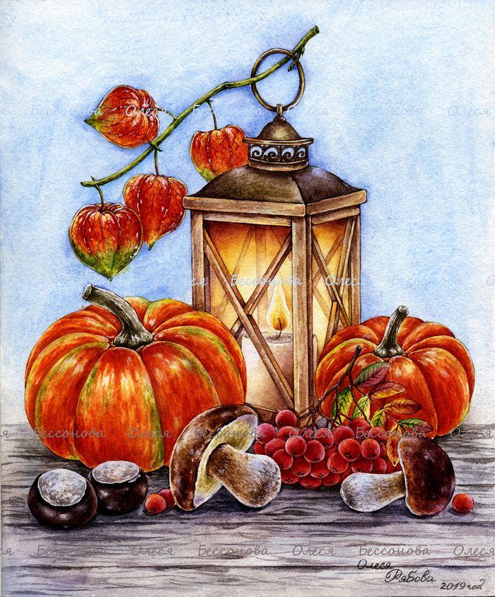 Autumn still life with pumpkins, lantern, berries, and mushrooms on a wooden table.