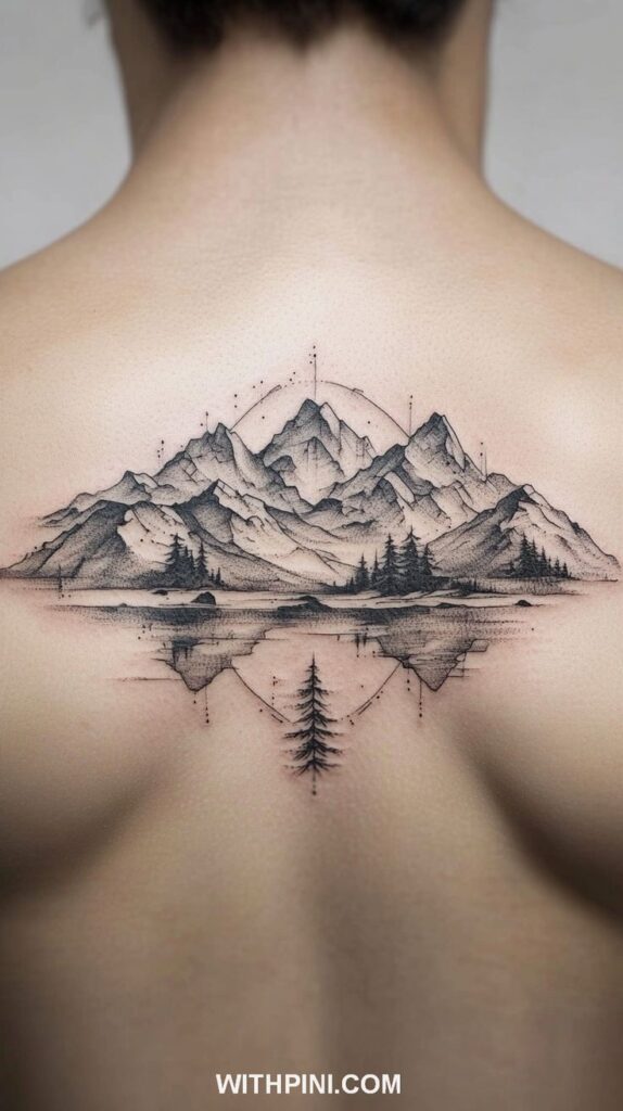 Mountain tattoo on back with tree and water reflection design, showcasing nature-themed body art.