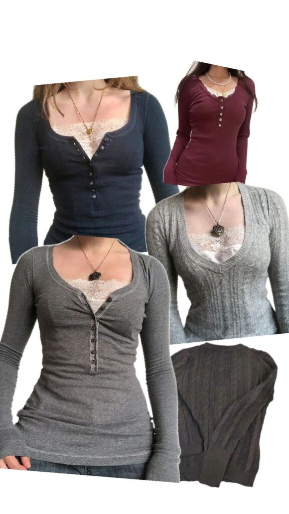 Women's long sleeve henley tops in various colors and styles with necklace details.