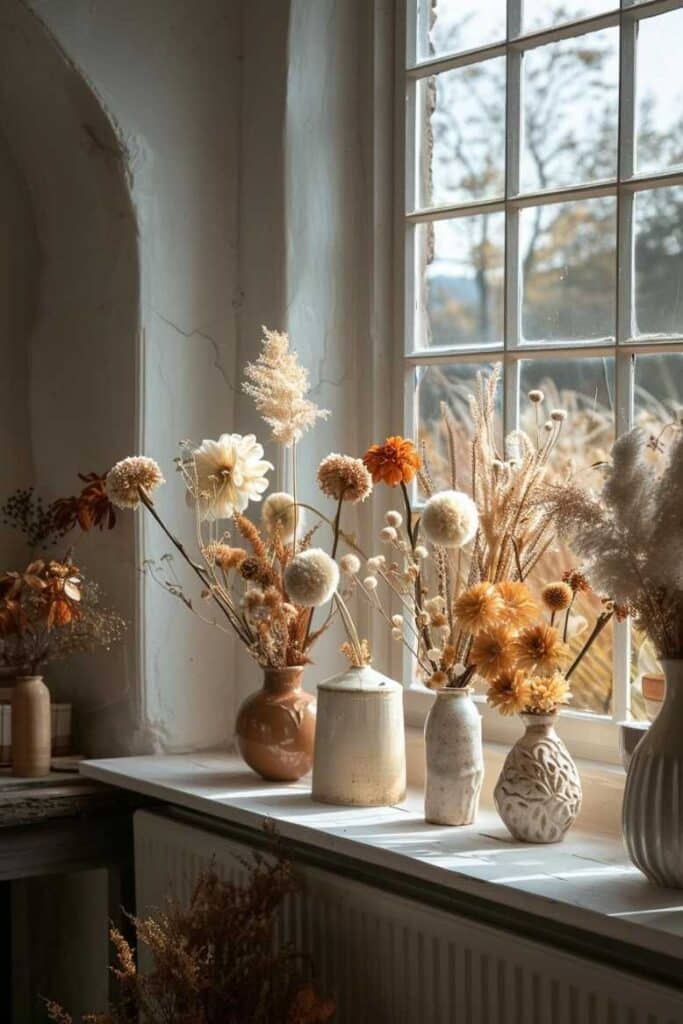Dried flowers in vases line a sunny windowsill, creating a warm and rustic indoor decoration.