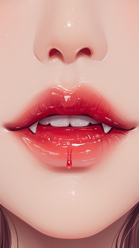Close-up of glossy vampire lips with fangs and red gloss reflecting light, evoking a mysterious, seductive allure.