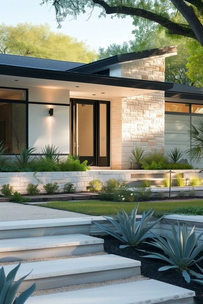 Modern home exterior with stone facade and lush landscaping, showcasing sleek architecture and stylish design.