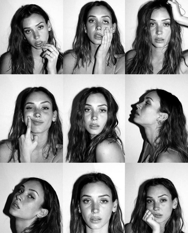 Black and white photo grid featuring a woman with various expressive poses and emotions.