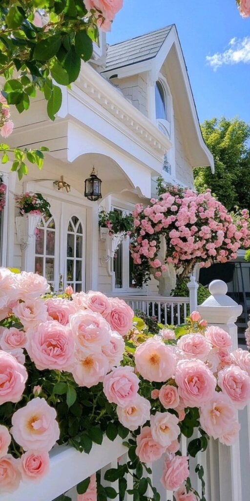 Charming cottage with blooming pink roses and white fence under a clear blue sky.
