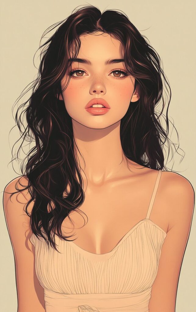Digital illustration of a woman with long wavy hair, wearing a white dress, gazing forward.