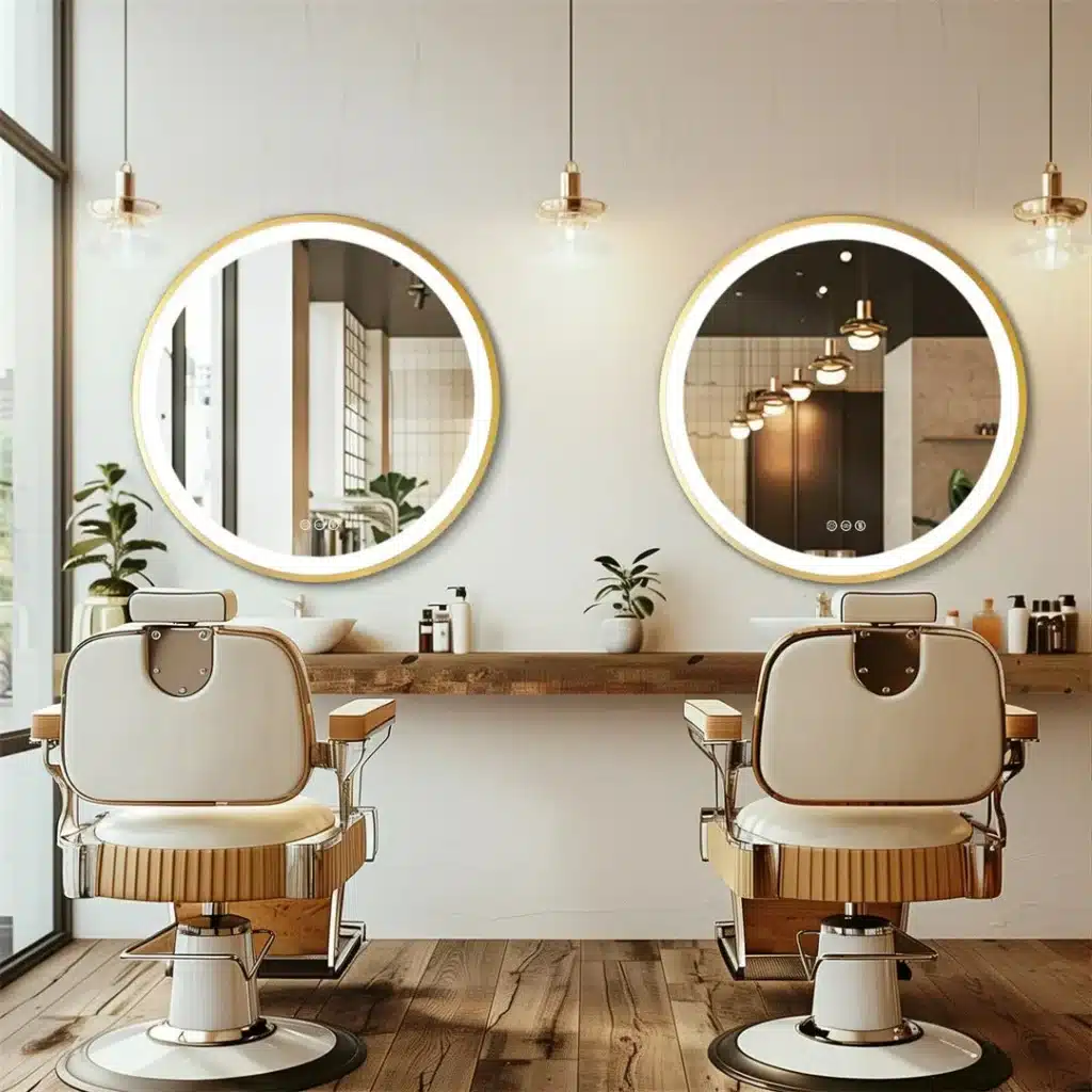 9caf5713-b525-4b74-8fe1-2be17812cdd9 Modern barbershop interior with two elegant chairs, round mirrors, and stylish lighting for a luxurious grooming experience. | Sky Rye Design Modern barbershop interior with two elegant chairs, round mirrors, and stylish lighting for a luxurious grooming experience.