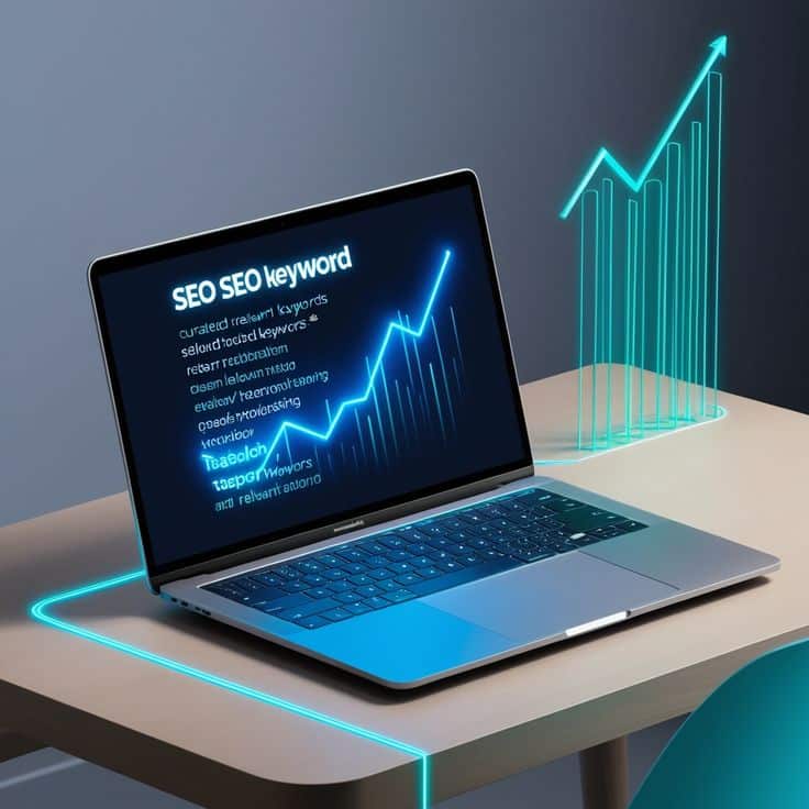 Laptop displaying SEO keywords with rising graph, symbolizing growth and optimization.
