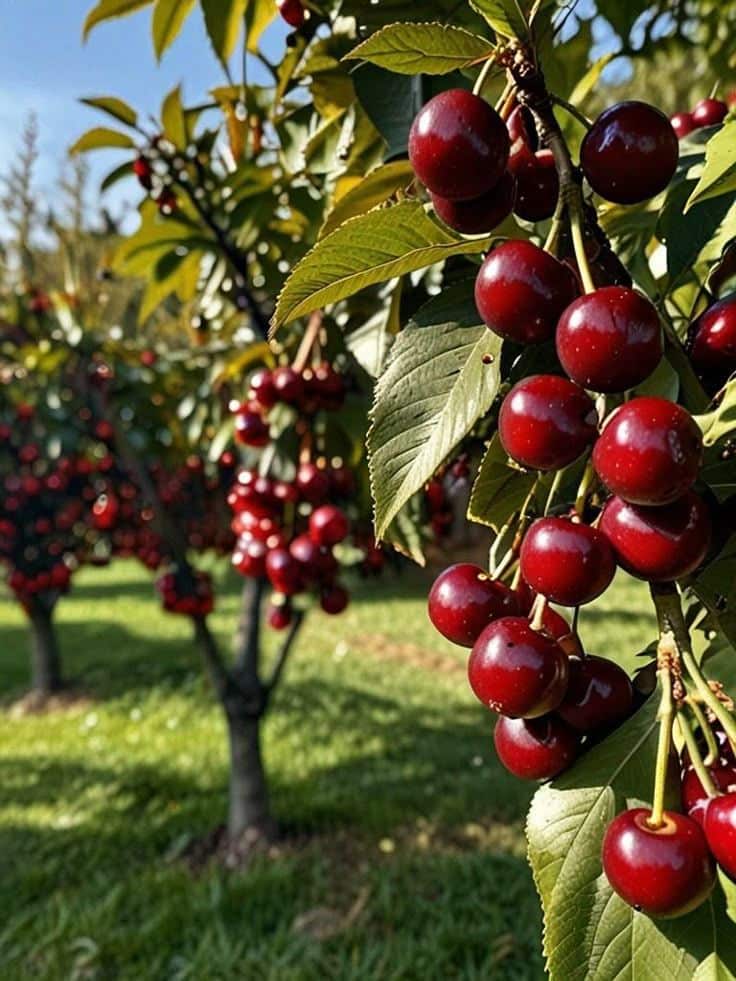 Ripe red cherries hang from lush green trees in a sunny orchard, showcasing vibrant fruit and foliage.