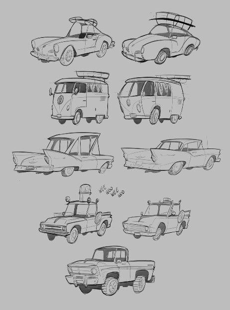 Sketches of vintage cars and vans with surfboards and roof racks, featuring classic designs and unique modifications.