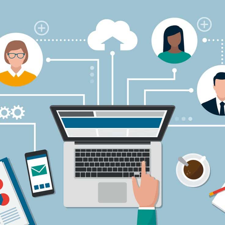 Illustration of a laptop connecting people in a network, symbolizing remote work and digital collaboration.