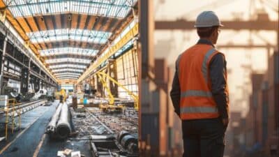 Industrial worker in safety gear observing a bustling factory and construction site at sunrise. Industrial safety theme.