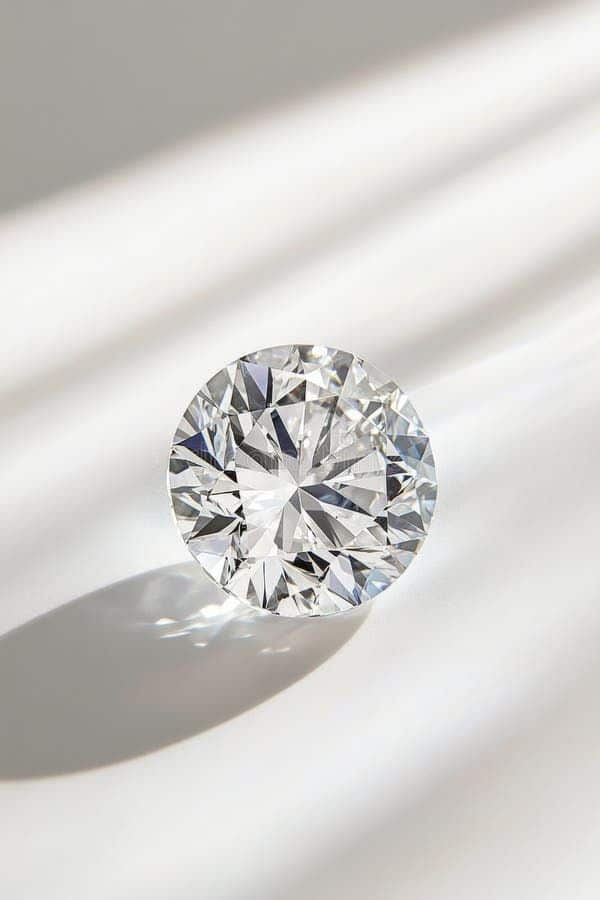 A close-up view of a sparkling diamond with intricate cut and vibrant reflections on a w Sparkling round diamond on white surface with shadows, showcasing brilliance and cut quality. Ideal for jewelry lovers. | Sky Rye Design Sparkling round diamond on white surface with shadows, showcasing brilliance and cut quality. Ideal for jewelry lovers.