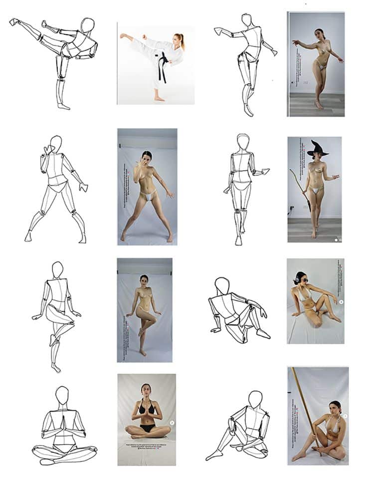 Illustrations and photos of dynamic poses for figure drawing, including martial arts, dance, and seated positions.