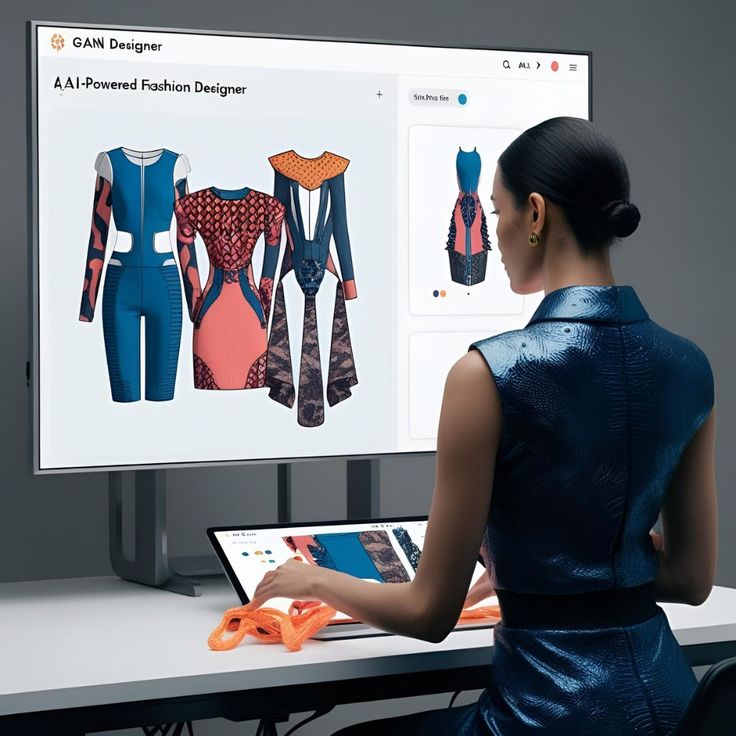 AI-powered fashion designer interface with a woman designing futuristic garments on a computer screen. AI-generated fashion