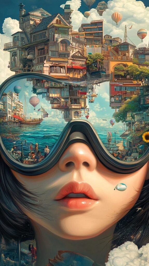Surreal artwork of a woman wearing goggles reflecting a fantasy cityscape with floating balloons and ocean views.