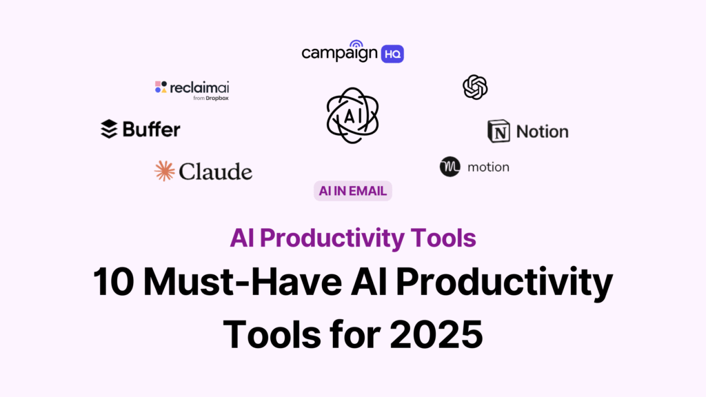 AI-Productivity-Tools Image showcasing 10 AI productivity tools for 2025 including Buffer, Notion, ReclaimAI, and more. | Sky Rye Design Image showcasing 10 AI productivity tools for 2025 including Buffer, Notion, ReclaimAI, and more.