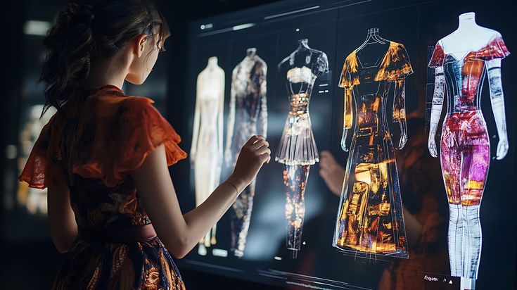 Designer creates digital fashion on a touchscreen, showcasing futuristic dress designs in a creative studio.