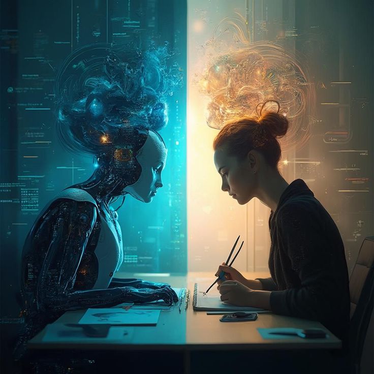Human and robot working together at a desk, symbolizing human-AI collaboration in a futuristic setting.