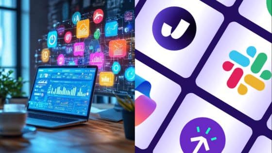 AI tools for productivity Laptop with analytics dashboard and various app icons, showcasing digital workspace and productivity tools. | Sky Rye Design Laptop with analytics dashboard and various app icons, showcasing digital workspace and productivity tools.