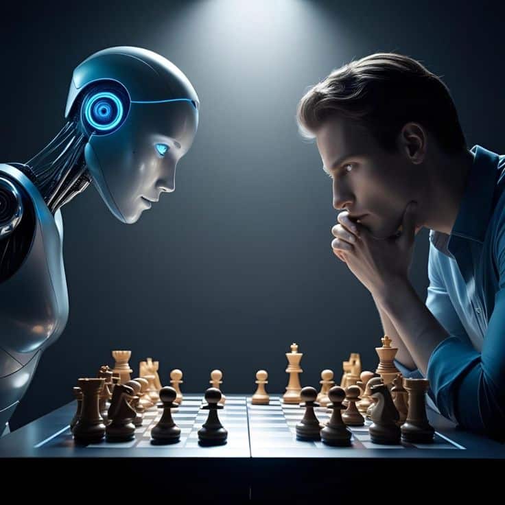 Human and robot face off in an intense chess match, symbolizing AI versus human intelligence.