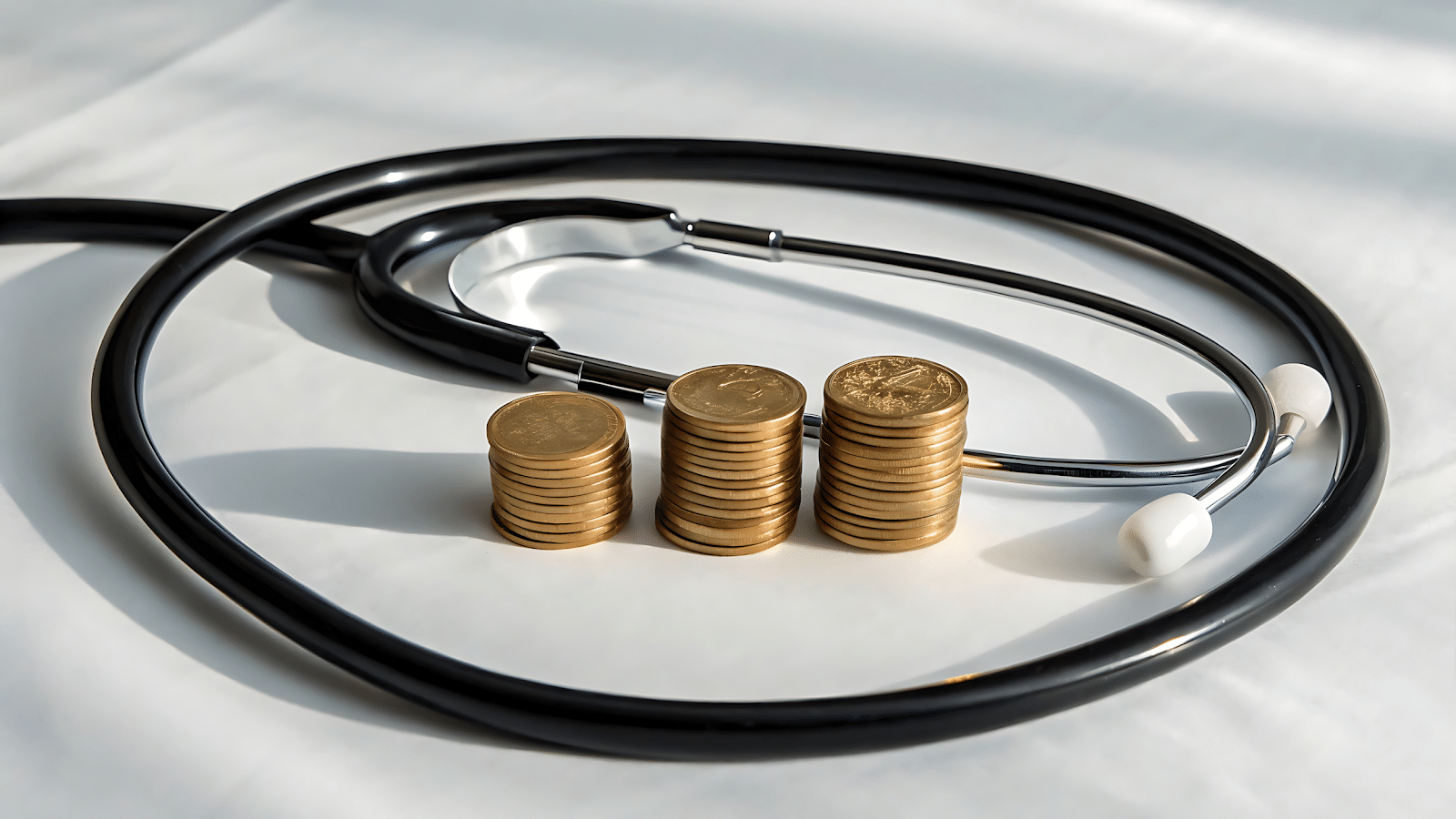 Stethoscope encircling coin stacks on a table, symbolizing healthcare costs and financial planning.
