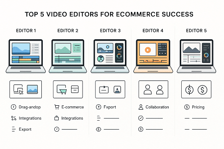 Top 5 video editors for ecommerce: drag-and-drop, e-commerce, export, collaboration, pricing features illustrated.