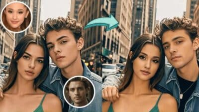 Young couple in city setting, with digitally altered faces to resemble celebrities, showcasing editing transformation.