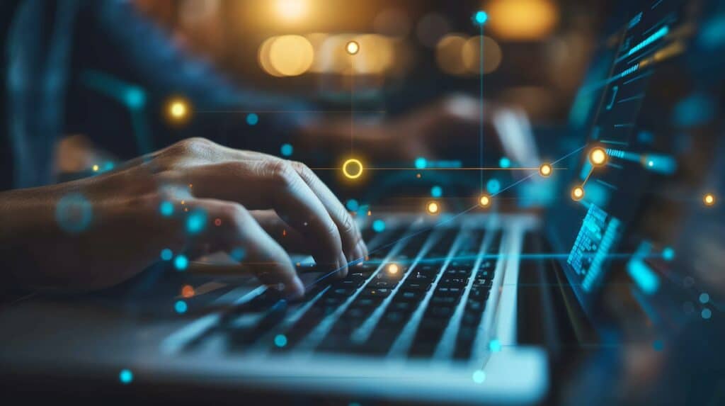 Person typing on laptop with digital overlay, representing technology and data connections.